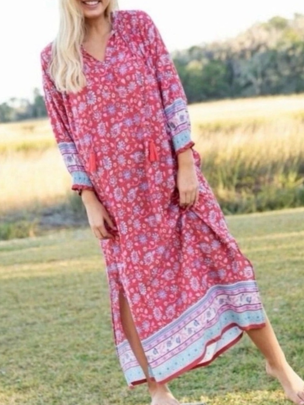 Natural Life Coral Floral Kaftan Boho Madi Rayon Dress